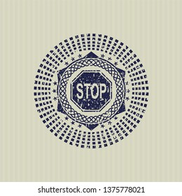 Blue stop icon inside distress grunge style stamp