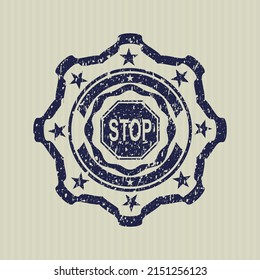 Blue stop icon inside distress grunge stamp. 