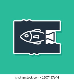 Blue Stop ocean plastic pollution icon isolated on green background. Environment protection concept. Fish say no to plastic.  Vector Illustration