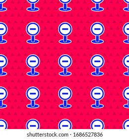 Blue Stop sign icon isolated seamless pattern on red background. Traffic regulatory warning stop symbol.  Vector Illustration