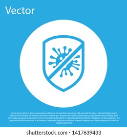 Blue Stop virus, bacteria, germs and microbe icon isolated on blue background. Antibacterial and antiviral defence, protection infection. White circle button. Vector Illustration