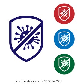 Blue Stop virus, bacteria, germs and microbe icon isolated on white background. Antibacterial and antiviral defence, protection infection. Set color icon in circle buttons. Vector Illustration