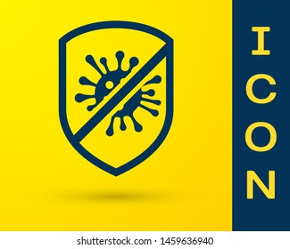 Blue Stop virus, bacteria, germs and microbe icon isolated on yellow background. Antibacterial and antiviral defence, protection infection.  Vector Illustration