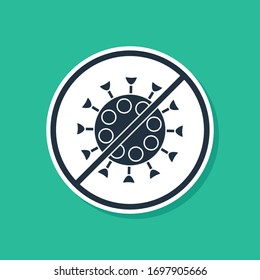 Blue Stop virus icon isolated on green background. Corona virus 2019-nCoV. Bacteria and germs, cell cancer, microbe, fungi.  Vector Illustration