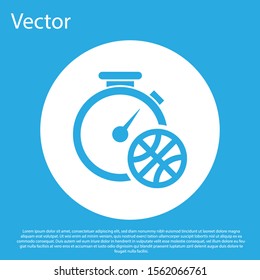 Blue Stopwatch with basketball ball inside icon isolated on blue background. Basketball time. Sport and training. White circle button. Vector Illustration