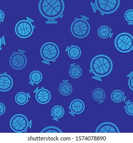 Blue Stopwatch with basketball ball inside icon isolated seamless pattern on blue background. Basketball time. Sport and training.  Vector Illustration