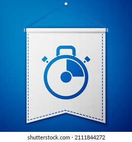 Blue Stopwatch icon isolated on blue background. Time timer sign. Chronometer sign. White pennant template. Vector Illustration