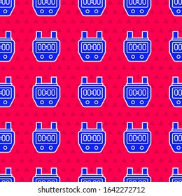 Blue Stopwatch icon isolated seamless pattern on red background. Time timer sign. Chronometer sign.  Vector Illustration