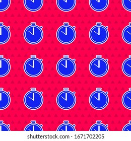 Blue Stopwatch icon isolated seamless pattern on red background. Time timer sign. Chronometer sign.  Vector Illustration