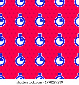 Icono de Blue Stopwatch con un patrón ininterrumpido sobre fondo rojo. Signo del temporizador de tiempo. Signo del cronómetro.  Vector