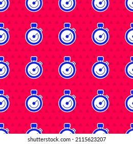 Blue Stopwatch icon isolated seamless pattern on red background. Time timer sign. Chronometer sign.  Vector