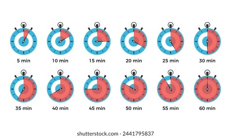 Blue stopwatch icons with different time, flat design, vector eps10 illustration