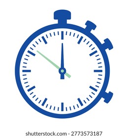 A blue stopwatch timer clock with green and blue hands on a clean white background, symbolizing time measurement and sports timing