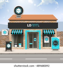 Blue store design with central geometric element. Elements of outdoor advertising. Corporate identity