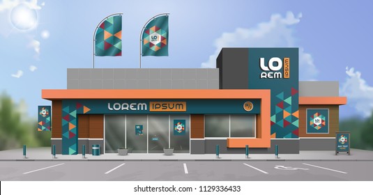 Blue store design with color geometric shapes. Elements of outdoor advertising. Corporate identity