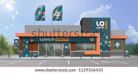 Blue store design with color geometric shapes. Elements of outdoor advertising. Corporate identity