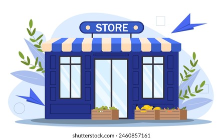 A blue storefront with STORE sign, window displays of fruits and vegetables, on a light background. Flat vector illustration.