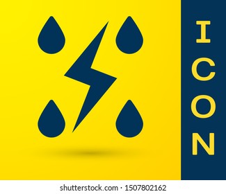 Blue Storm icon isolated on yellow background. Drop and lightning sign. Weather icon of storm.  Vector Illustration