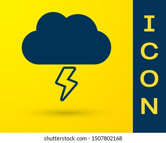 Blue Storm icon isolated on yellow background. Cloud and lightning sign. Weather icon of storm.  Vector Illustration