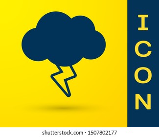 Blue Storm icon isolated on yellow background. Cloud and lightning sign. Weather icon of storm.  Vector Illustration