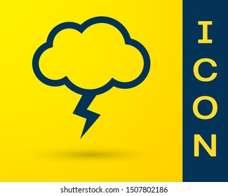 Blue Storm icon isolated on yellow background. Cloud and lightning sign. Weather icon of storm.  Vector Illustration