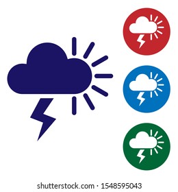 Blue Storm icon isolated on white background. Cloudy with lightning and sun sign. Weather icon of storm. Set color icons in circle buttons. Vector Illustration