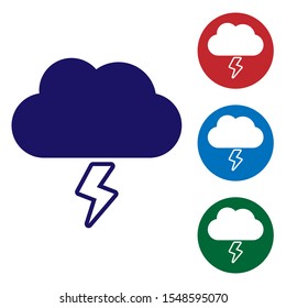 Blue Storm icon isolated on white background. Cloud and lightning sign. Weather icon of storm. Set color icons in circle buttons. Vector Illustration