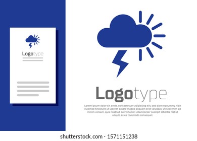 Blue Storm icon isolated on white background. Cloudy with lightning and sun sign. Weather icon of storm. Logo design template element. Vector Illustration