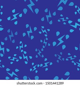 Blue Storm icon isolated seamless pattern on blue background. Drop and lightning sign. Weather icon of storm.  Vector Illustration