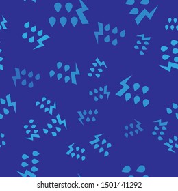 Blue Storm icon isolated seamless pattern on blue background. Drop and lightning sign. Weather icon of storm.  Vector Illustration