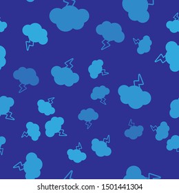 Blue Storm icon isolated seamless pattern on blue background. Cloud and lightning sign. Weather icon of storm.  Vector Illustration