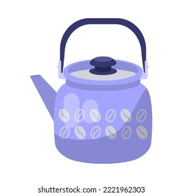 Blue stovetop kettle cartoon illustration. Colorful kettle with coffee ornament for boiling water. Household, kitchen utensils, decoration, teatime concept