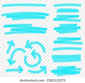 Blue Straight marker line vector strokes. Blue hand drawn stripes. Text highlighter pen, marker, brush, underlines strokes set on Transparent Background. Rough grunge thick paint line texture Vector.
