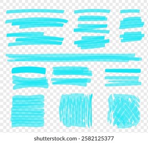 Blue Straight marker line vector strokes. Blue hand drawn stripes. Text highlighter pen, marker, brush, underlines strokes set on Transparent Background. Rough grunge thick paint line texture Vector.