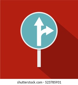 Blue straight or right turn ahead road siign icon. Flat illustration of straight or right turn ahead road sign vector icon for web isolated on rufous background