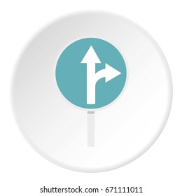 Blue straight or right turn ahead road siign icon in flat circle isolated vector illustration for web