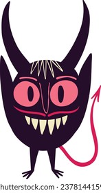 Blue Strange demon  with cute face. Cartoon Illustration in doodle style