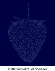 Blue strawberry with a stem is shown in a blue background. The image is a digital rendering of a strawberry, with the stem and leaves visible. The blue color of the background