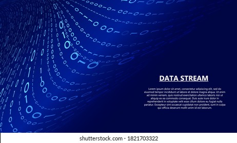 Blue stream of binary code. Digital flow of encoded data. Analysis blockchain transfer. Big data visualization. Vector matrix background. Coding and hacking.