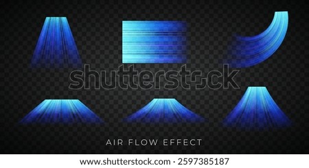 Blue stream of cold air from the conditioner. Clean filtered air flow. Vacuum cleaner suction effect. Wind direction. Isolated on transparent background.
