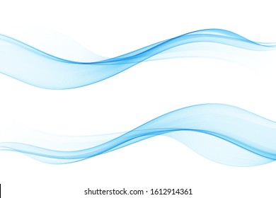 Blue stream of transparent waves. Smoky wavy lines in the shape of a wave.