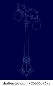 Blue street light pole with two lamps on top. The pole is tall and slender, and the lamps are small and round. The image has a modern and sleek feel to it, with the blue color of the pole