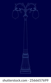 Blue street light pole with two lights on top. The pole is tall and slender. The blue color of the pole and the lights creates a calm and peaceful mood