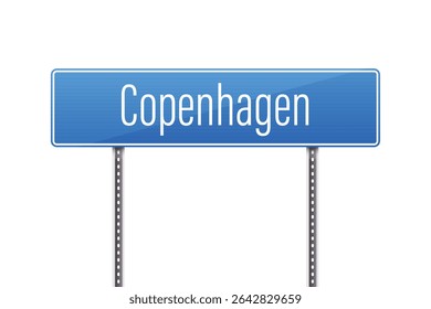 A blue street sign against a stark white background clearly displays the word Copenhagen, indicating it may be a location or boundary marker in Copenhagen, Denmark.