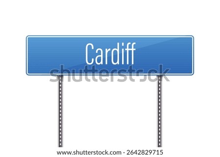 A blue street sign on metal poles displays the word Cardiff. The image is set against a white background, emphasizing the sign's color and simple design.