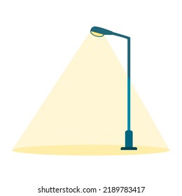 Blue streetlight lamp pole illumination yellow light at night time on white background flat icon vector design.