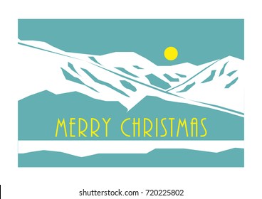 Blue striking landscape with snow jagged mountains and a yellow sun