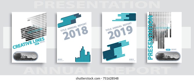 
Blue Strip, Annual Report. 2018, 2019. Brochures flyer. Set. Modern futuristic design, template, postcard, presentation, abstract geometric background, green, gray, layout, format A4 - vector
