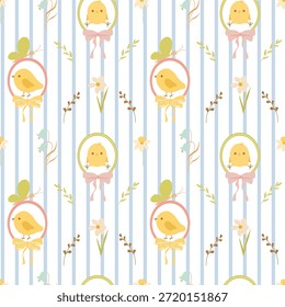 Blue Stripe Bird Vignette Pattern, Classic Nursery Print. Chick Vignette on Blue Stripe, Seamless Fabric Design. Small Bird and Stripe Pattern for Baby Goods