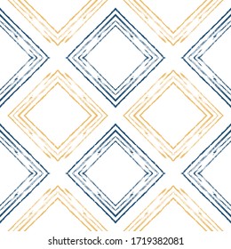 Blue Stripe Graphic Vector Seamless Pattern. Creative Line Pattern. Shirt Handwrite Illustration. Beige and Blue Square Vintage Backdrop.